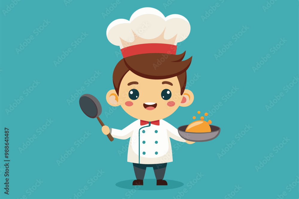 A cheerful cartoon chef presents a tasty meal with a spatula in hand, ready to delight food lovers, Chef boy cartoon character vector illustration. Cute chef boy with pan A cheerful cartoon chef presents a tasty meal with a spatula in hand, ready to delight food lovers, Chef boy cartoon character vector illustration. Cute chef boy with pan