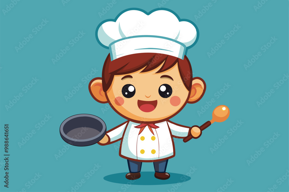 A joyful cartoon chef holds a frying pan and spoon, ready to cook delicious food in a colorful space, Chef boy cartoon character vector illustration. Cute chef boy with pan A joyful cartoon chef holds a frying pan and spoon, ready to cook delicious food in a colorful space, Chef boy cartoon character vector illustration. Cute chef boy with pan