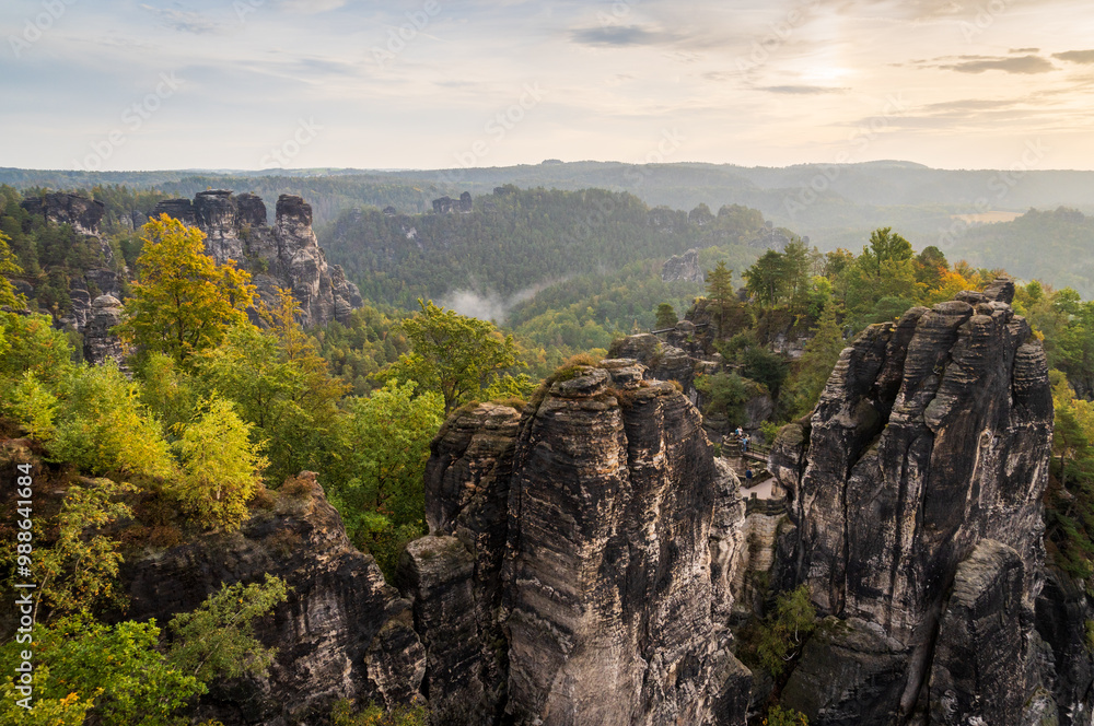 Fototapeta premium Rugged Rock Outcrops at an Overlook in Saxon Switzerland National Park, Nationalpark Sächsische Schweiz
