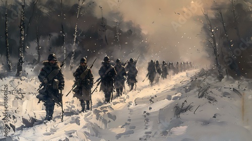 A group of soldiers trudging through snow in a forest photo