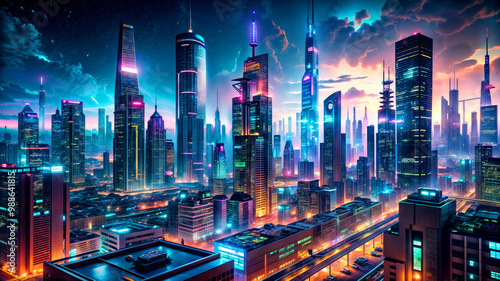 Wallpaper Mural The cityscape features a stunning array of skyscrapers glowing with neon lights against a twilight sky. The scene captures a vibrant urban atmosphere, filled with energy and innovation Torontodigital.ca