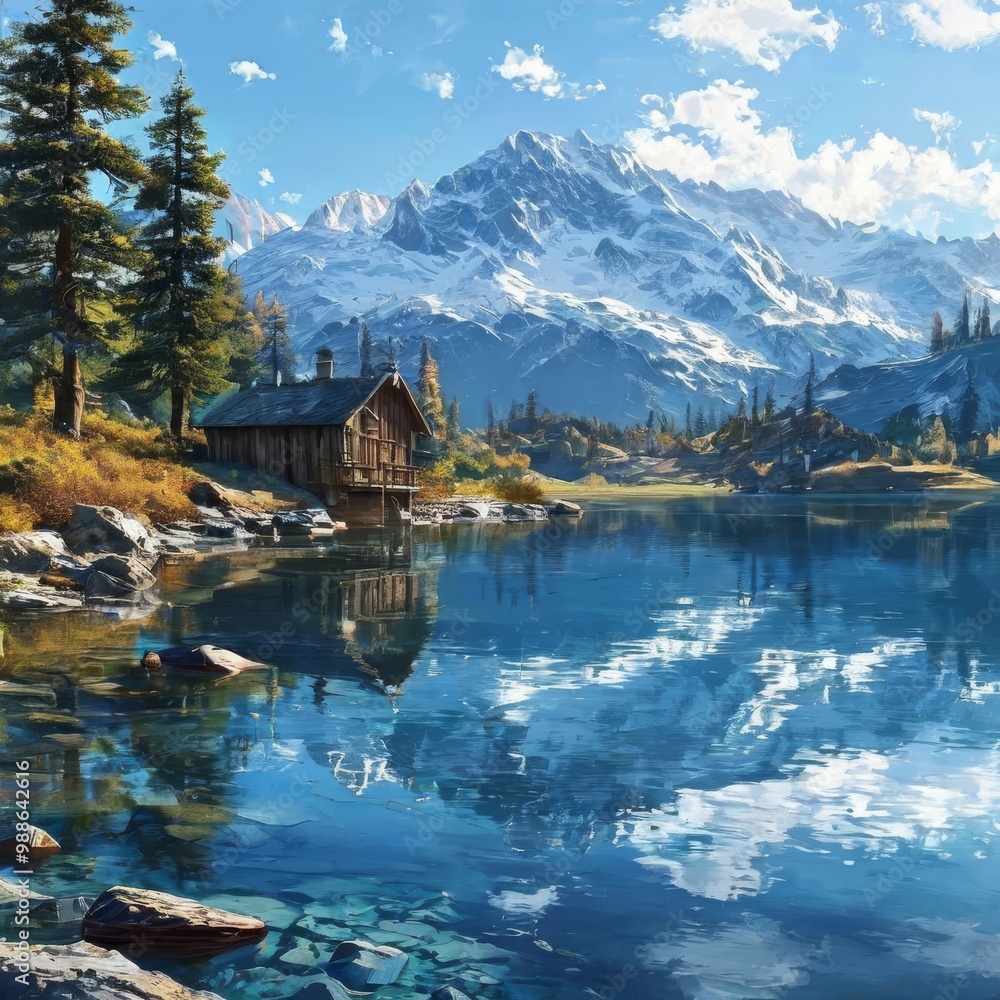 Naklejka premium A peaceful lake scene with a wooden cabin nestled along the shore, perfectly reflecting the towering snow-capped mountains. The still water and the surrounding pine trees create a serene and calming