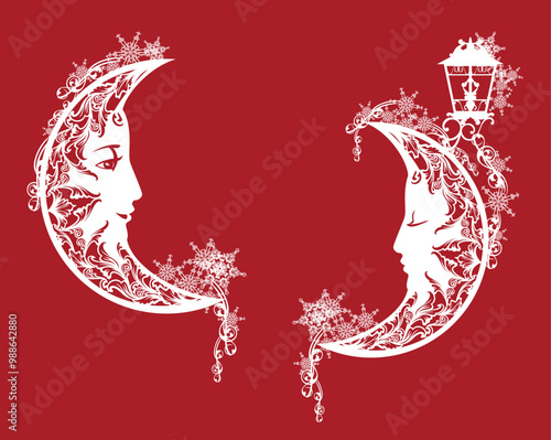 smiling crescent moon with street light lamp among snowflakes decor - sweet dreams winter season concept red and white vector design