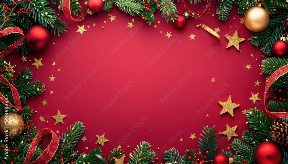 Red and Gold Christmas Decorations with Evergreen Branches Red and Gold Christmas Decorations with Evergreen Branches