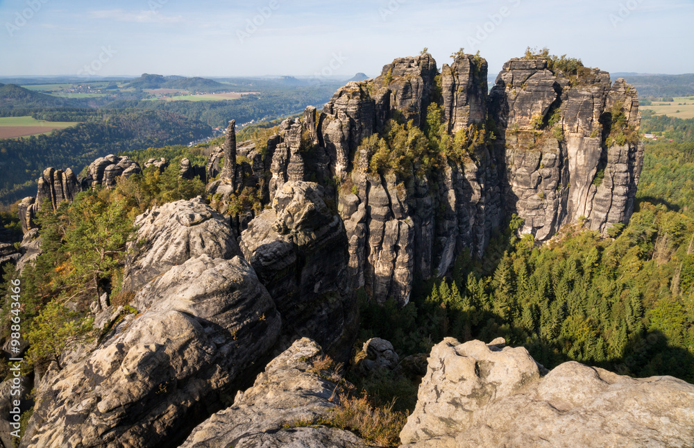 Rugged Rock Outcrops at an Overlook in Saxon Switzerland National Park, Nationalpark Sächsische Schweiz Rugged Rock Outcrops at an Overlook in Saxon Switzerland National Park, Nationalpark Sächsische Schweiz