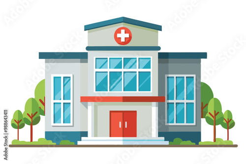 A modern clinic building featuring large front windows and a red cross symbol, set against a clean backdrop, Clinic building isolated white background