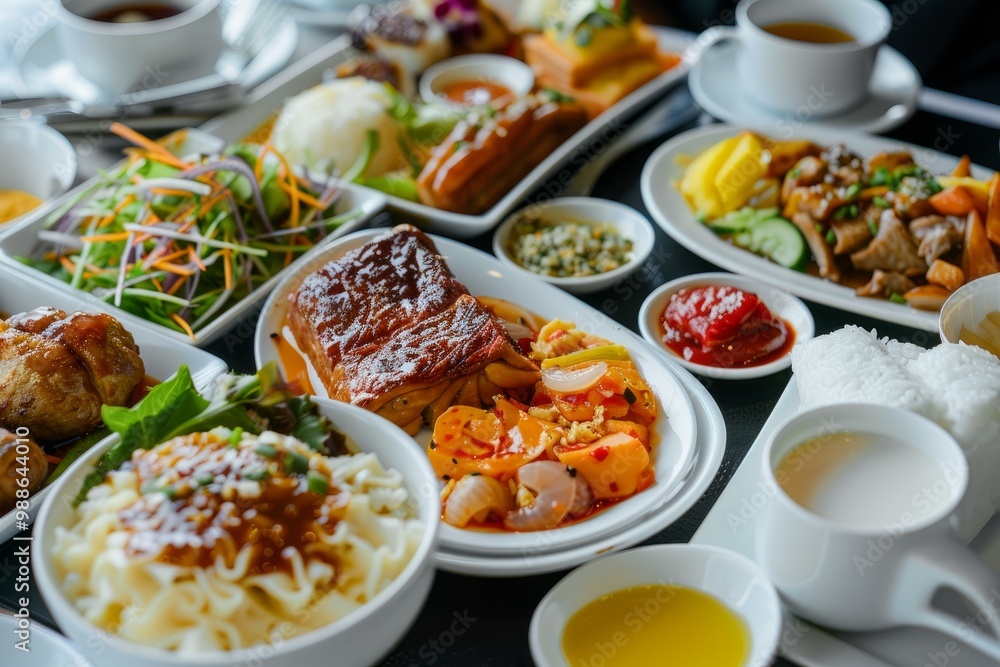 Variety of asian dishes are being served on an airplane tray table Variety of asian dishes are being served on an airplane tray table