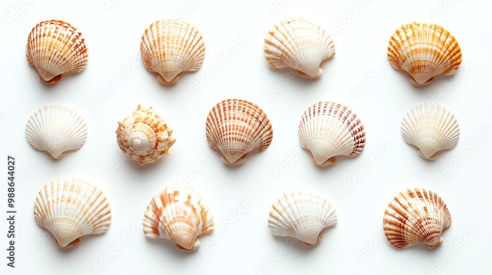 Collection of various sea shells arranged on a white background, showcasing unique patterns and colors. Collection of various sea shells arranged on a white background, showcasing unique patterns and colors.