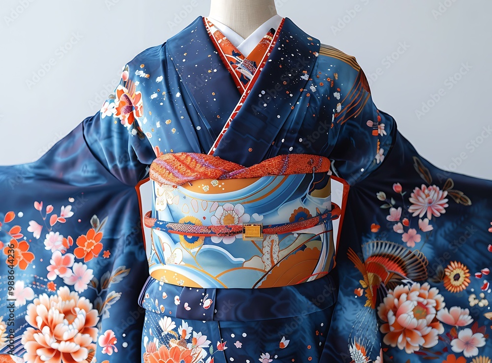 Naklejka premium A woman wearing a kimono with a floral pattern