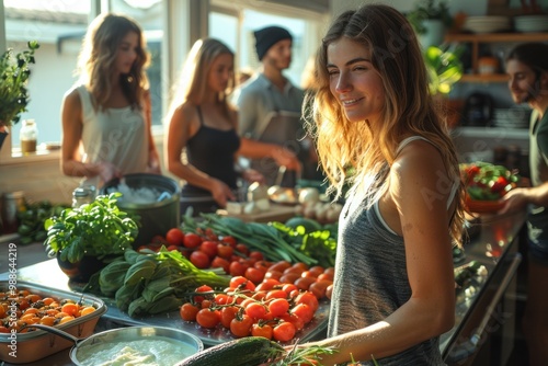 Young adults preparing fresh vegetables in a sunlit kitchen, engaging in healthy cooking and enjoying their time together