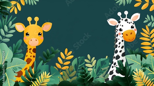 Cute Cartoon Giraffe Illustration with Green Leaves Background photo