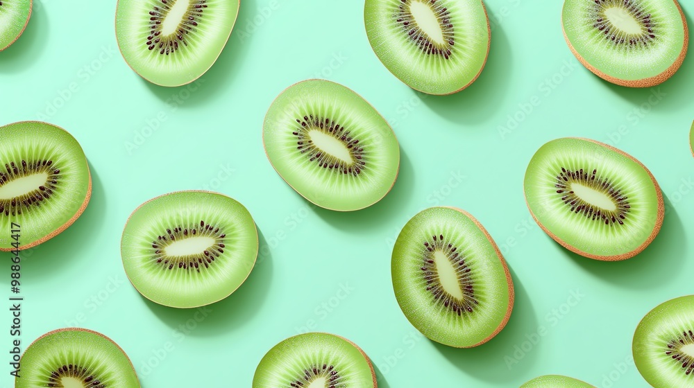 Fototapeta premium Fresh kiwi slices arranged on a mint green background creating a vibrant and refreshing visual perfect for food presentations.