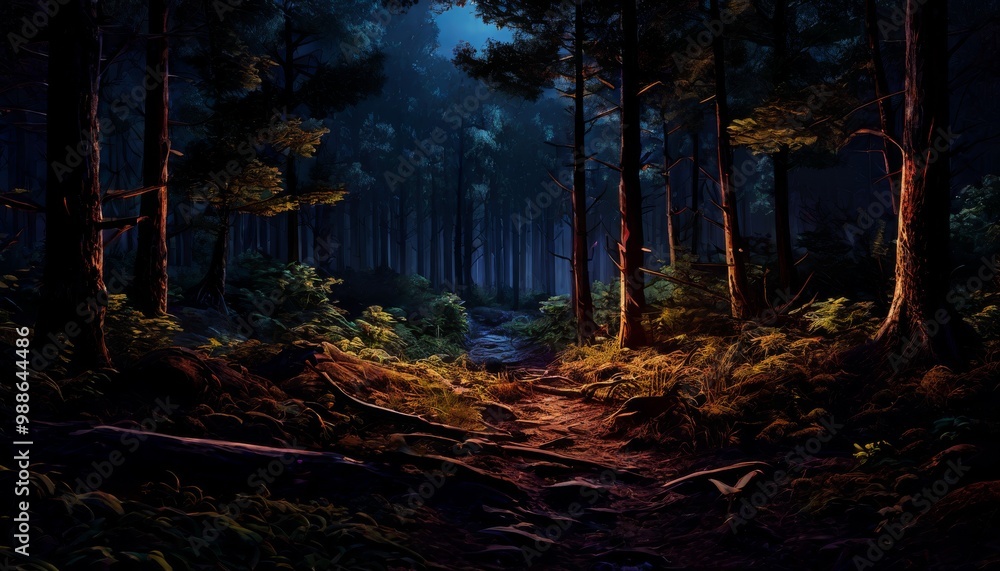 Obraz premium A dimly lit forest with tall trees and soft glowing light illuminating the path. The serene ambiance of nature is captured, evoking mystery and tranquility in this beautiful woodland scene.. AI