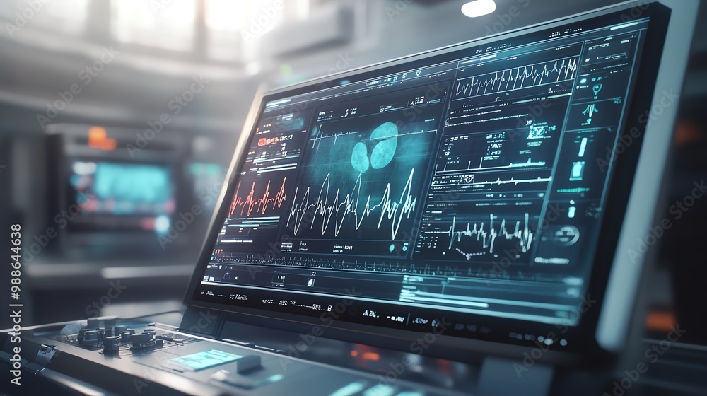 Modern medical monitor displaying vital signs and data analytics in a futuristic healthcare environment. Modern medical monitor displaying vital signs and data analytics in a futuristic healthcare environment.