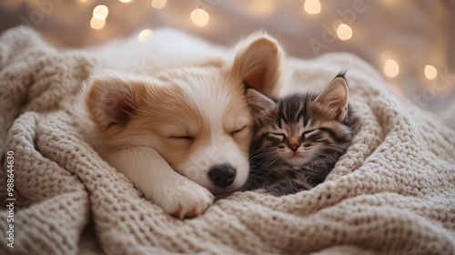 Kitten and Puppy Cozying Up Together on Blanket Illuminated by Soft Lights photo