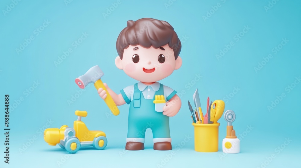 A cheerful cartoon boy holding tools and surrounded by toys and art supplies. A cheerful cartoon boy holding tools and surrounded by toys and art supplies.