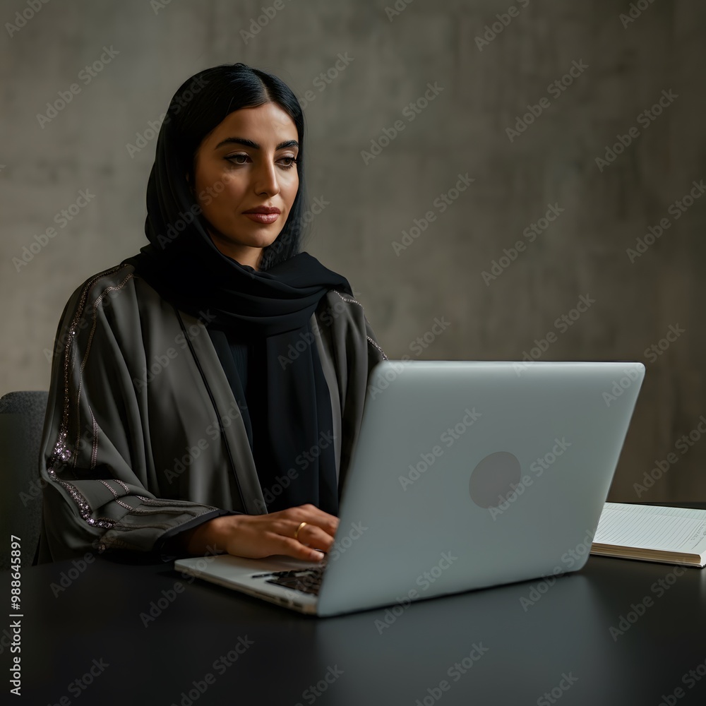 Arab Woman in Abaya, Working on Laptop at Office Arab Woman in Abaya, Working on Laptop at Office