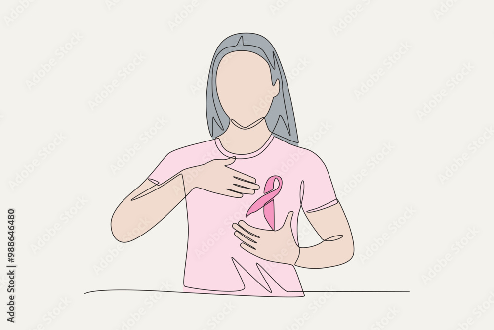 Colored breast cancer awareness month concept one-line drawing Colored breast cancer awareness month concept one-line drawing