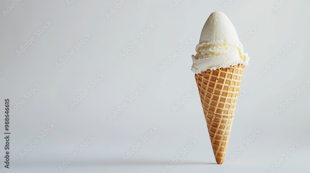 Creamy vanilla ice cream scoop with copy space served in a crisp waffle cone, isolated on a clean white background. Creamy vanilla ice cream scoop with copy space served in a crisp waffle cone, isolated on a clean white background.