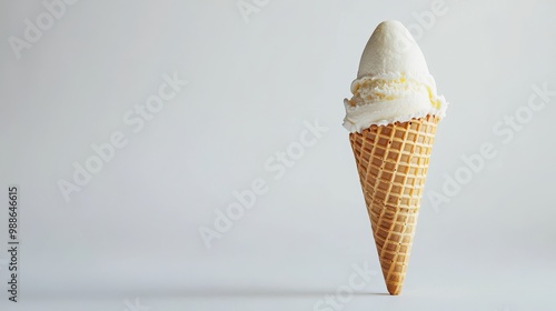 Creamy vanilla ice cream scoop with copy space served in a crisp waffle cone, isolated on a clean white background. photo