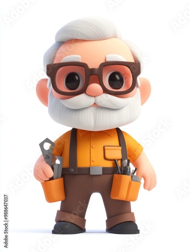 A cartoonish elderly man with glasses and tools, representing a handyman or craftsman.