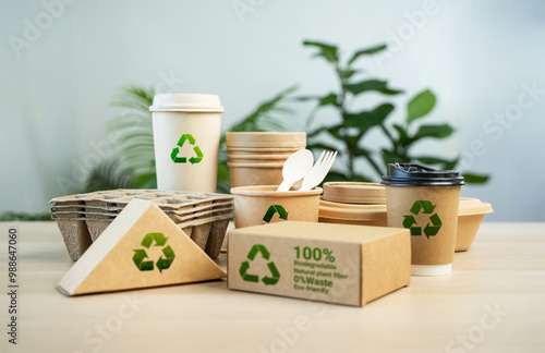 Environmentally friendly paper containers and packaging made from biodegradable materials, no waste and recycling concept. Green or disposable packaging.