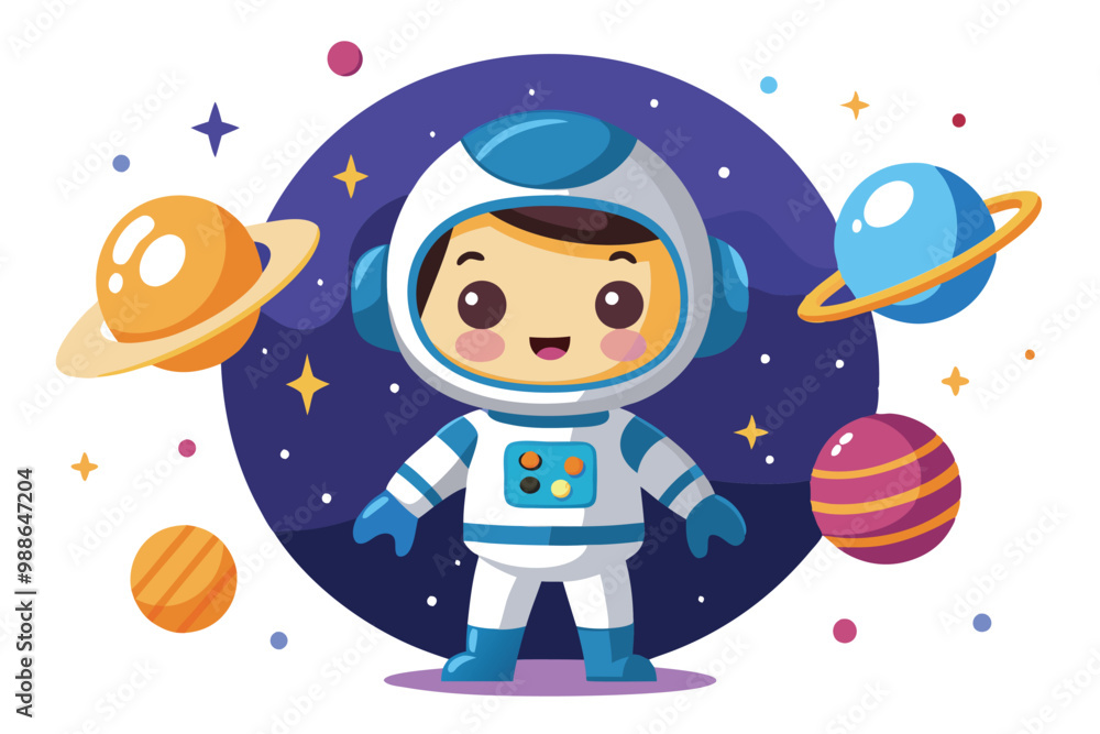 Naklejka premium A cheerful astronaut floats in space surrounded by vibrant planets and twinkling stars, Cute astronaut in outer space. Cartoon vector illustration on white background