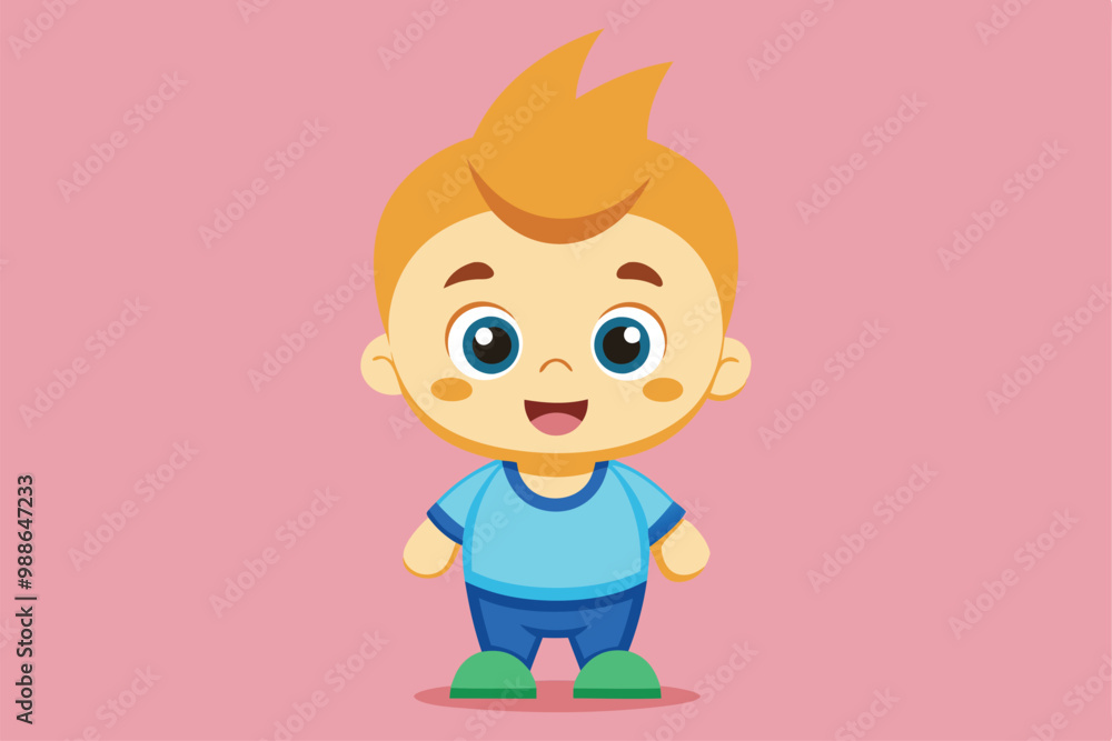 A joyful baby boy character stands with a big smile, showcasing playful innocence and charm, Cute baby boy character.