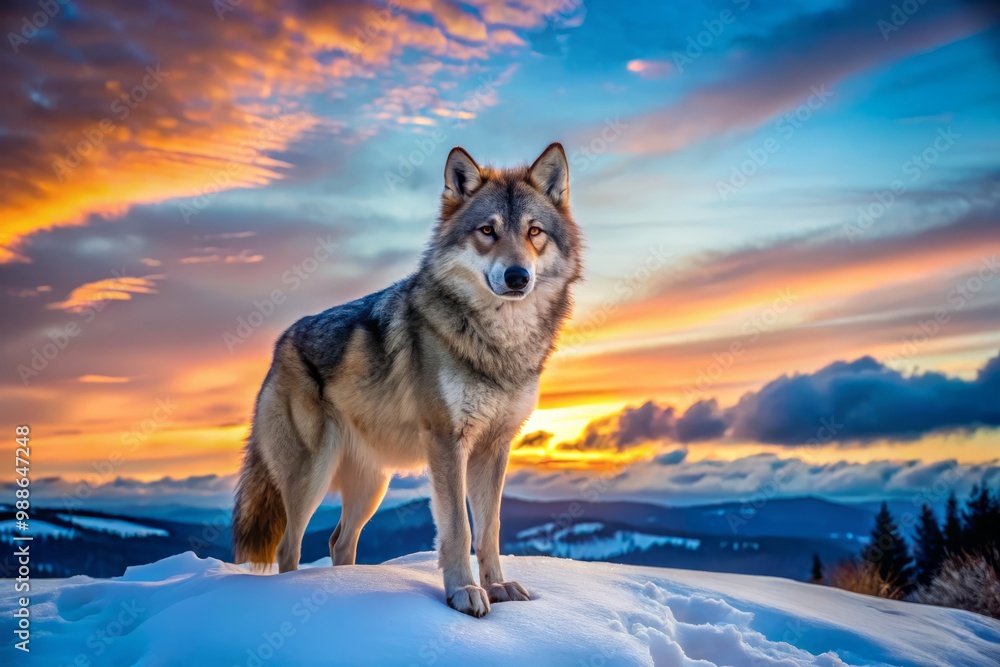 Naklejka premium The regal wolf stands tall in a pristine snowy landscape, bathed in the soft light of dusk under