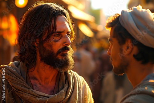 Biblical illustration, a centurion in Capernaum begs Jesus to heal his paralyzed servant
