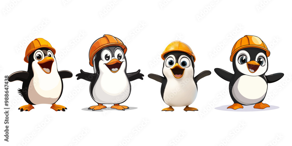 Fototapeta premium set of cartoon of an adorable penguin wearing a construction helmet, on a white background