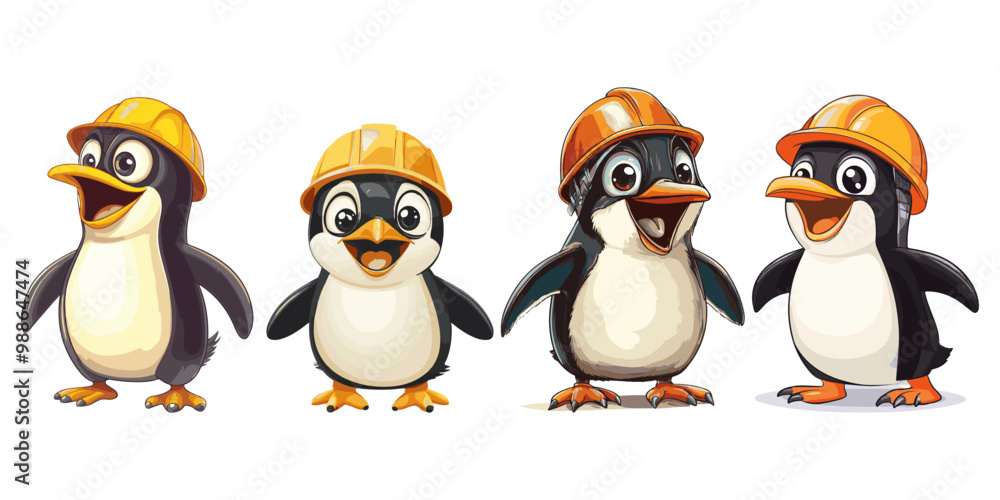 Obraz premium set of cartoon of an adorable penguin wearing a construction helmet, on a white background