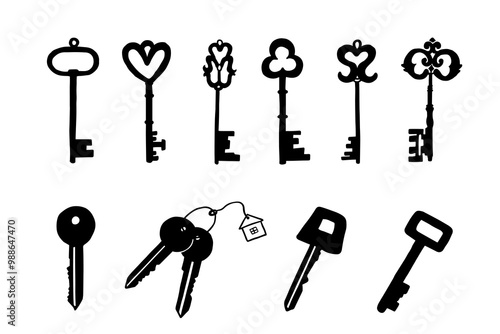 Set of key silhouettes in doodle style. Housewarming. Home sweet home, welcome home, new home, happy house warming, house keys, deal. Great for professional design. Hand drawn