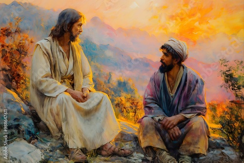 Biblical illustration, a centurion in Capernaum begs Jesus to heal his paralyzed servant