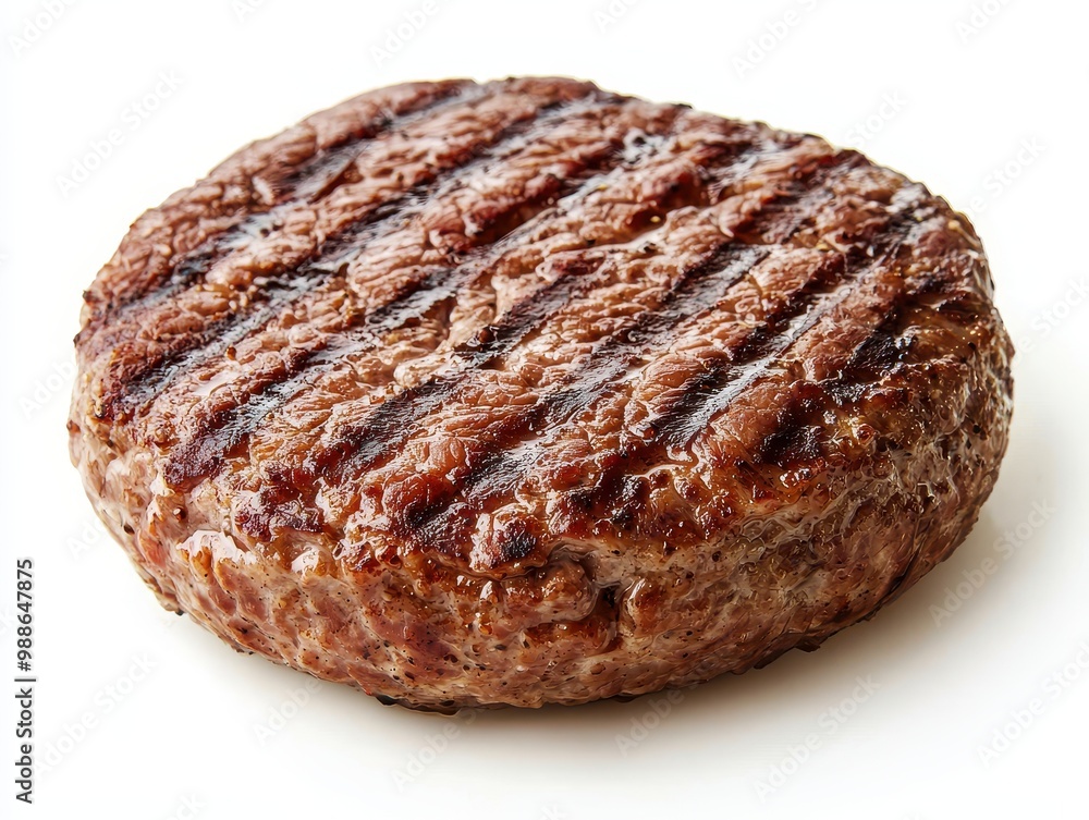 Juicy grilled hamburger patty with char marks, isolated on a clean white background. Juicy grilled hamburger patty with char marks, isolated on a clean white background.