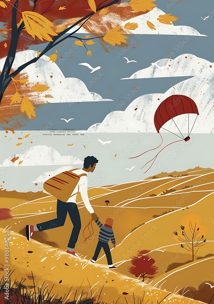 Obraz premium Father and Son Walking on a Hill in Autumn