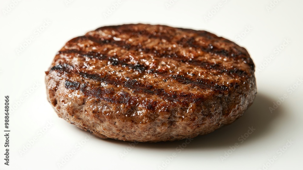 Juicy grilled hamburger patty with char marks, isolated on a clean white background. Juicy grilled hamburger patty with char marks, isolated on a clean white background.