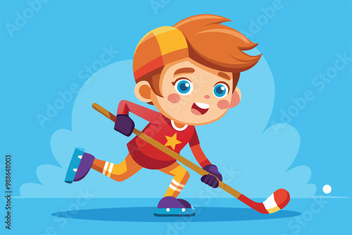 A cheerful boy skates while playing hockey, showcasing his enthusiasm and energy during the game, Cute boy playing hockey