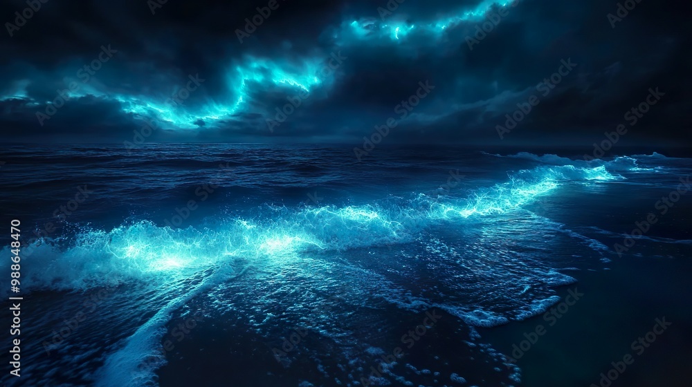 Dark ocean glowing waves illuminated by neon lit sky peaceful scene picture Dark ocean glowing waves illuminated by neon lit sky peaceful scene picture