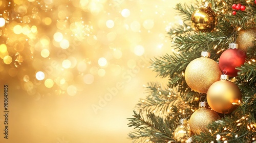 Holiday Christmas tree with ornaments, garland and balls on golden background with bokeh lights. Merry Christmas and a happy New Year greeting card. with generative ai