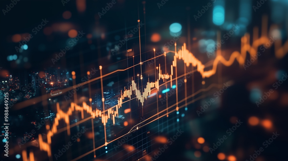 Dynamic financial data visualization showing stock market trends with glowing graphs and abstract city lights at night Dynamic financial data visualization showing stock market trends with glowing graphs and abstract city lights at night