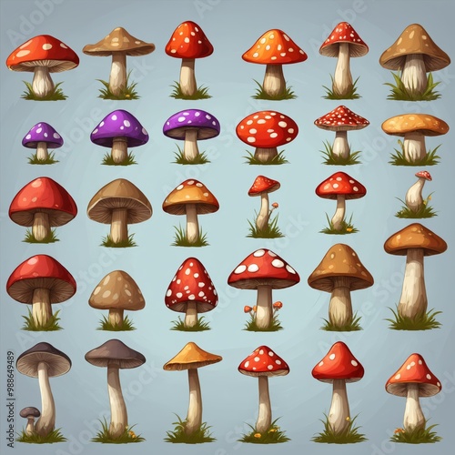 Set of cartoon mushrooms drawn in different colors, sizes, and shapes