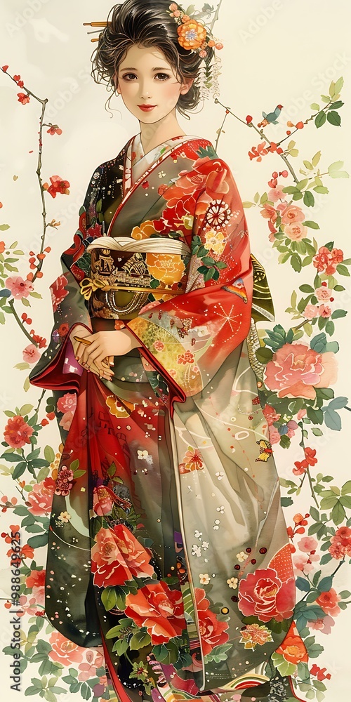A Japanese woman wearing a kimono stands in a field of flowers. A Japanese woman wearing a kimono stands in a field of flowers.