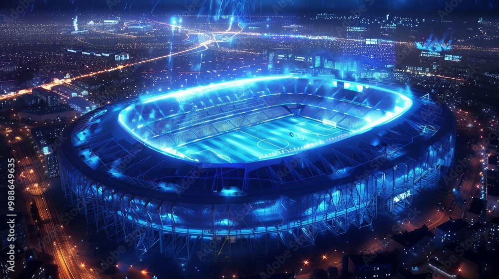 Stadium landscape, photo-realistic, nighttime, energetic movement, neon glow, exciting match, grand spectacle Stadium landscape, photo-realistic, nighttime, energetic movement, neon glow, exciting match, grand spectacle