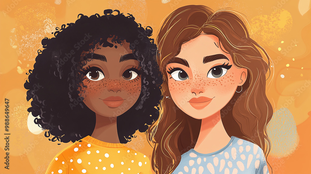 Obraz premium Illustration of Two Characters with Vitiligo in Cartoon Style. Concept: Cartoon illustration, vitiligo representation, diverse characters, inclusive artwork