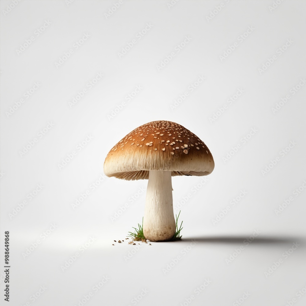 Single mushroom with brown cap and white stem on white background Single mushroom with brown cap and white stem on white background