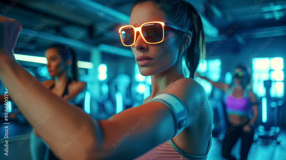 Fitness people engaging in a virtual gym workout with VR goggles and advanced holographic Fitness people engaging in a virtual gym workout with VR goggles and advanced holographic