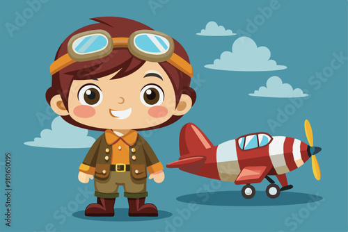 A cheerful cartoon boy wearing a pilot outfit smiles next to his vibrant toy airplane under a blue sky, Cute cartoon boy in pilot costume with airplane.