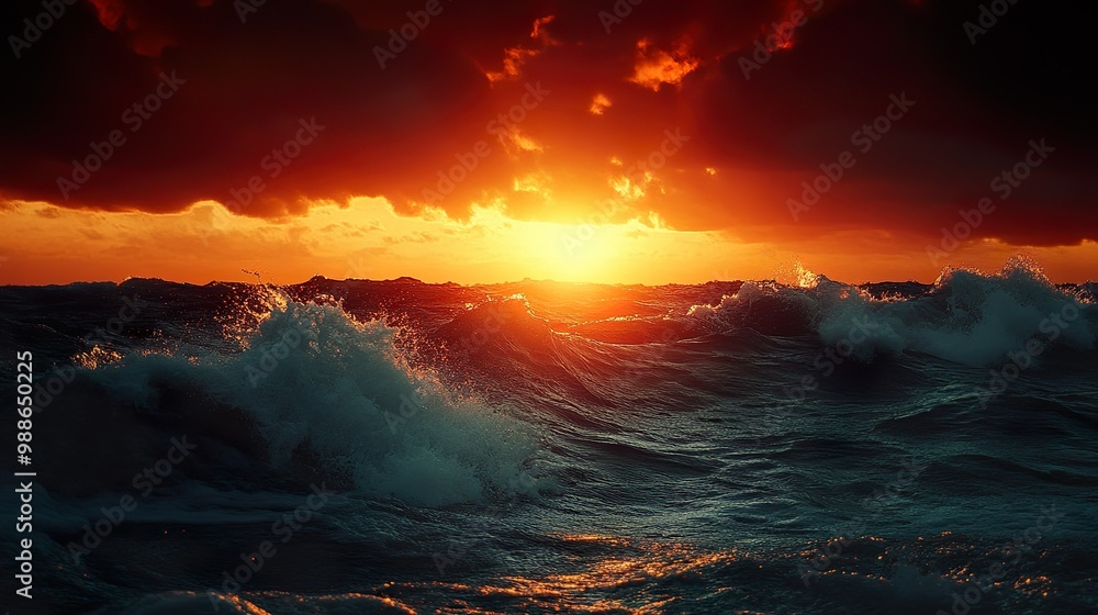 Fototapeta premium Dark ocean glowing waves beneath illuminated neon lit sky calm scene picture