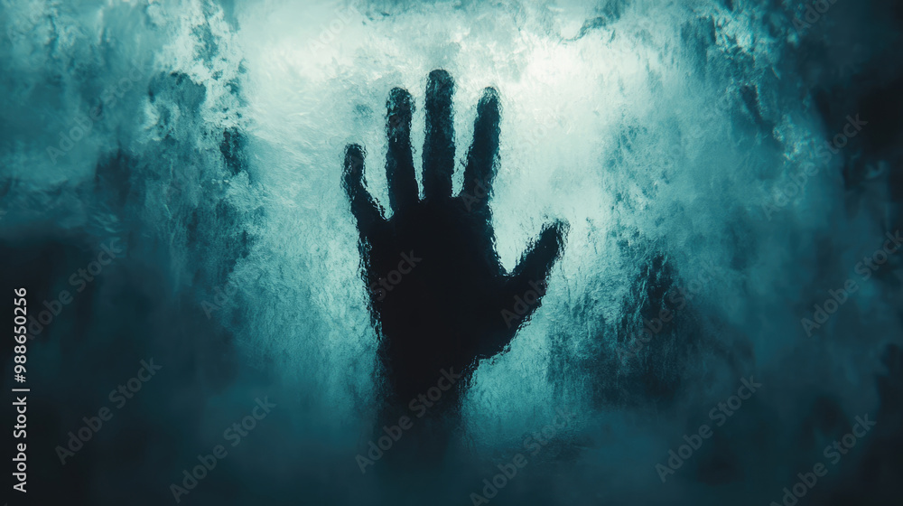 A hand is shown in a window, partially obscured by the glass. The image has a moody and eerie feel, as if the hand is trying to communicate something to the viewer A hand is shown in a window, partially obscured by the glass. The image has a moody and eerie feel, as if the hand is trying to communicate something to the viewer